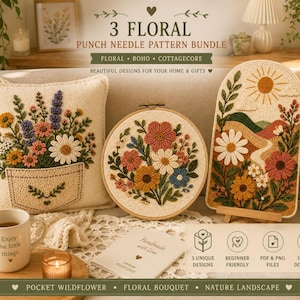 Könnte beinhalten: Ein Punch-Needle-Musterset mit drei floralen Designs: ein Kissen mit Wildblumentasche, ein runder Stickrahmen mit Blumenstrauß und eine gewölbte Landschaft mit Sonne. Enthält den Text: 3 FLORAL PUNCH NEEDLE PATTERN BUNDLE.