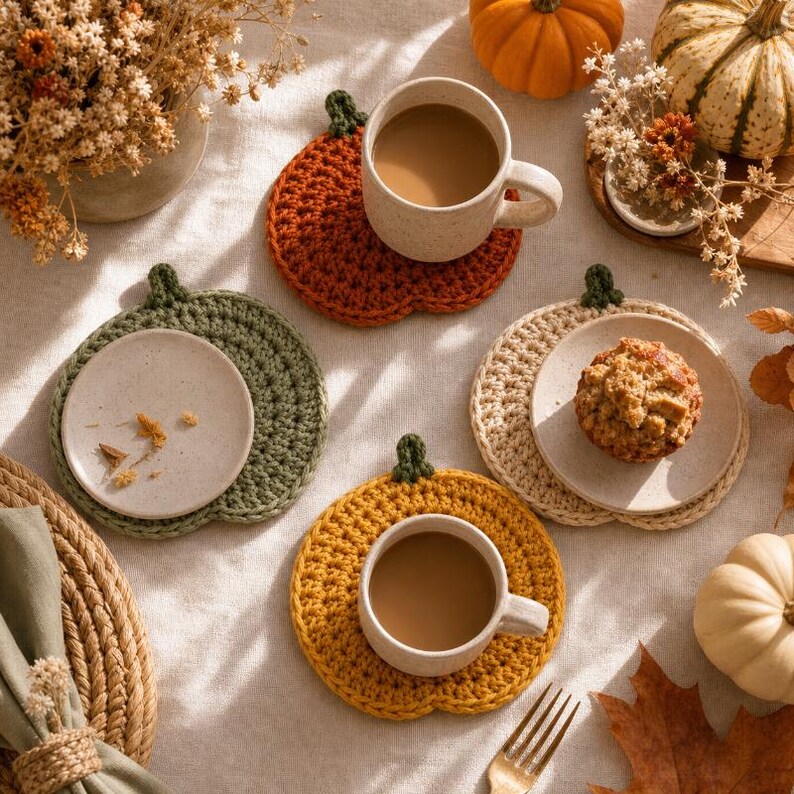 May include: Three round crochet coasters shaped like pumpkins in orange, green, and yellow, each featuring a small dark green stem. Two coasters hold ceramic mugs filled with coffee, while the third holds a small plate with a muffin.