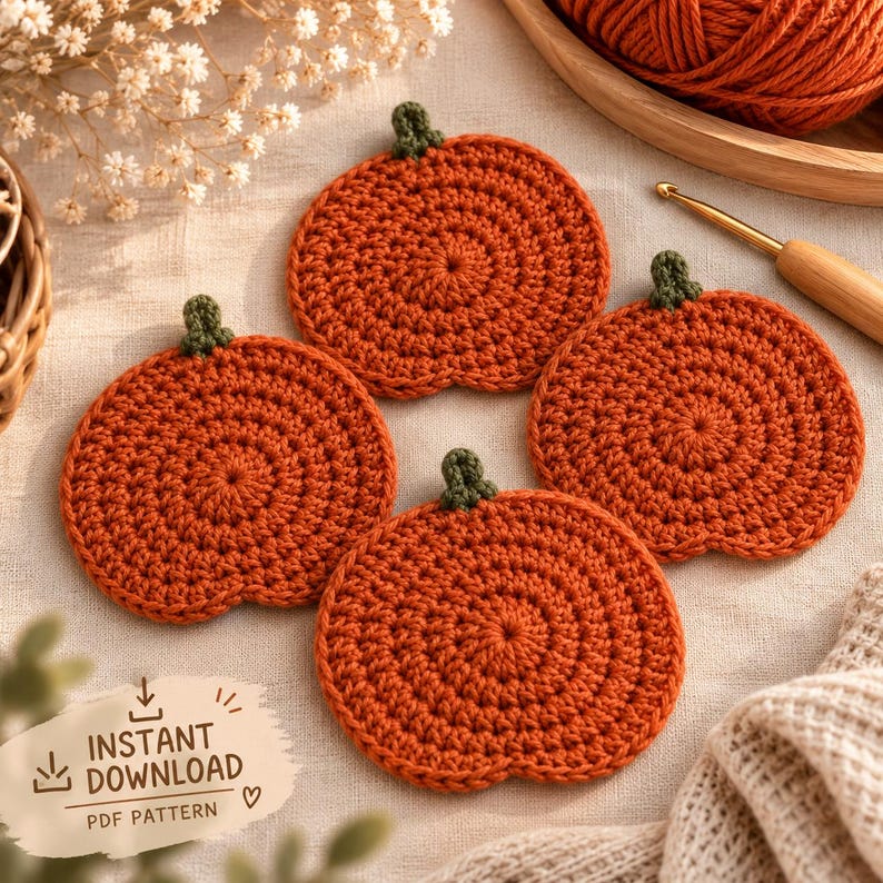 May include: Four round, orange crocheted pumpkin coasters with small green stems. Each coaster features a textured, circular stitch pattern. A wooden crochet hook and a ball of orange yarn are visible nearby, along with a tag reading INSTANT DOWNLOAD.