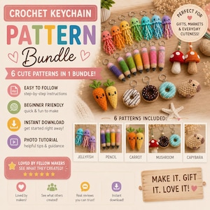 May include: A digital crochet keychain pattern bundle featuring instructions for jellyfish, pencils, carrots, mushrooms, and capybaras. The image displays colourful crocheted keychains, text headers, and icons detailing the PDF download features.