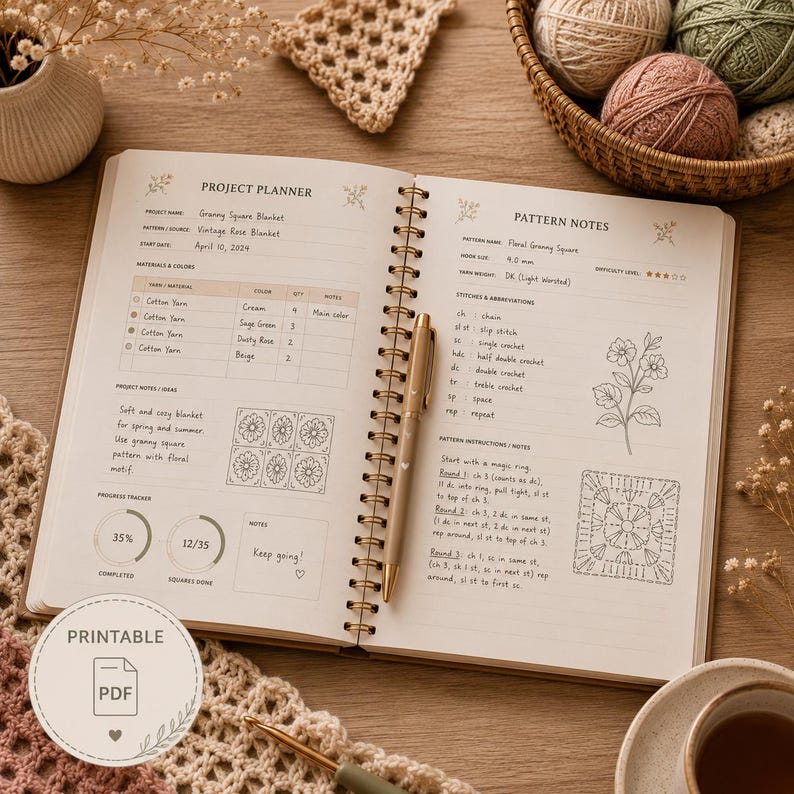K&ouml;nnte beinhalten: Ein spiralgebundenes H&auml;kelprojekt-Planer-Notizbuch, aufgeschlagen auf den Seiten Project Planner und Pattern Notes. Die Seiten enthalten gedruckten Text, Materialtabellen, Fortschrittsanzeigen sowie handgezeichnete Blumen- und Quadratmotive.
