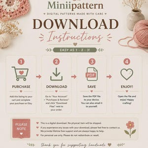 May include: An instructional graphic for Miniipattern digital downloads featuring four steps: purchase, download, save, and enjoy. The text outlines the process for obtaining PDF files, includes a note about digital delivery, and mentions support.