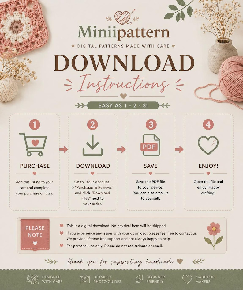 May include: An instructional graphic for Miniipattern digital downloads featuring four steps: purchase, download, save, and enjoy. The text outlines the process for obtaining PDF files, includes a note about digital delivery, and mentions support.
