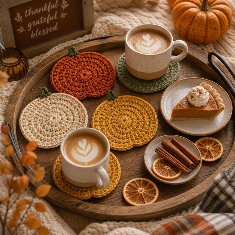 May include: A set of three round, crocheted pumpkin-shaped coasters in orange, yellow, and cream colors. The coasters are arranged on a wooden tray alongside two ceramic mugs filled with latte art, a slice of pumpkin pie, and cinnamon sticks.