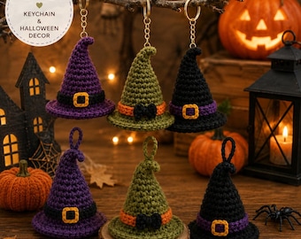 Wzór na szydełkowy kapelusz czarownicy w formacie PDF, dekoracje na Halloween, brelok do kluczy z kapeluszem czarownicy, ozdoba na Halloween, miniaturowy kapelusz amigurumi, wzór na szydełkowanie dla początkujących