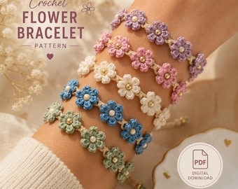 Patrón de pulsera de flores a crochet, tutorial de margarita ajustable (descarga digital)
