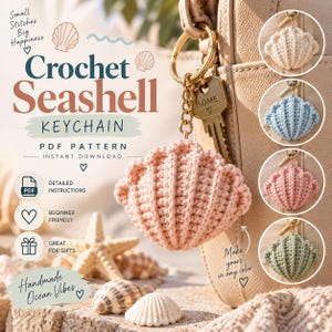 Può includere: Un modello PDF per portachiavi a forma di conchiglia all'uncinetto con il testo Small Stitches Big Happiness, Crochet Seashell KEYCHAIN, PDF PATTERN, INSTANT DOWNLOAD, DETAILED INSTRUCTIONS, BEGINNER FRIENDLY, GREAT FOR GIFTS e Handmade Ocean Vibes.