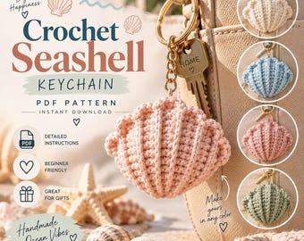 May include: A crochet seashell keychain PDF pattern featuring text that reads Small Stitches Big Happiness, Crochet Seashell KEYCHAIN, PDF PATTERN, INSTANT DOWNLOAD, DETAILED INSTRUCTIONS, BEGINNER FRIENDLY, GREAT FOR GIFTS, and Handmade Ocean Vibes.