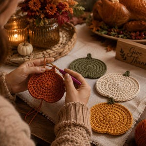 May include: A person crocheting a round, orange pumpkin-shaped coaster with a purple-handled hook. Three finished coasters in olive green, cream, and mustard yellow sit nearby on a textured fabric surface, each featuring a small green stem.