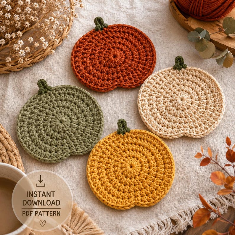 May include: Four circular crochet coasters shaped like pumpkins in orange, cream, olive green, and mustard yellow. Each coaster features a small dark green stem at the top and a textured, spiraled stitch pattern radiating from the center outward.