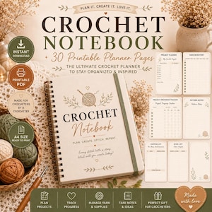 May include: A spiral-bound crochet notebook with a cream cover featuring the text Crochet Notebook, Plan, Create, Stitch, Repeat, and Every stitch tells a story. What will you create today? Includes 30 printable planner pages for projects, yarn inventory, progress tracking, and shopping lists.