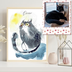 Hand painted cat portrait from photo, Custom watercolor pet painting, Funny personalized cat art, Whimsical feline gift, Pet illustration