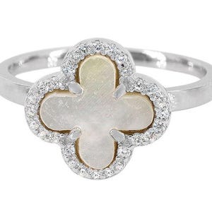 Sterling Silver 4-Leaf Clover Ring with Rhodium Finish & Cubic Zirconia – 12mm Wide, 2mm Band
