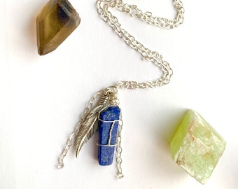 Wire Wrapped Lapis Feather Necklace on Silver Chain