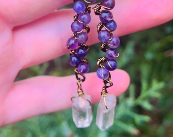 Amethyst and crystal copper earrings