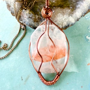 Strawberry quartz wire wrapped in copper pendant