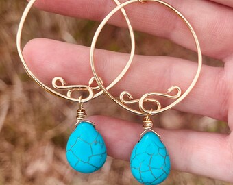 gold hoop wire wrapped earrings with dyed howlite stones