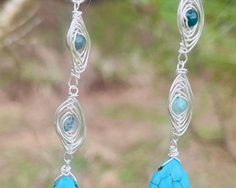 wire wrapped jasper and dyed howlite dangle earrings in silver wire