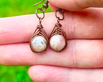 Sunstone and copper wire wrapped earrings