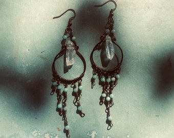 Long dangle clear quartz crystals and amazonite wire wrapped earrings