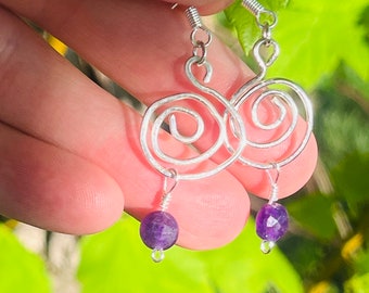 dangly spiral amethyst earrings in silver wire