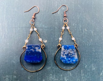 Lapis and labradorite wire wrapped dangle earrings in antique copper