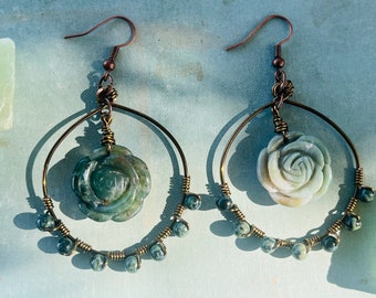 Jasper and green ruby wire wrapped hoop earrings in antique copper