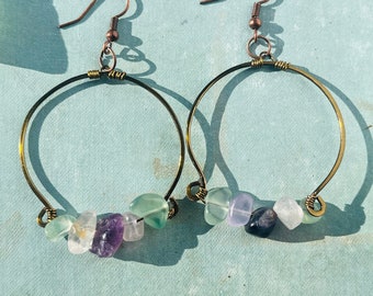 Multi-colored fluorite wire wrapped hoop earrings