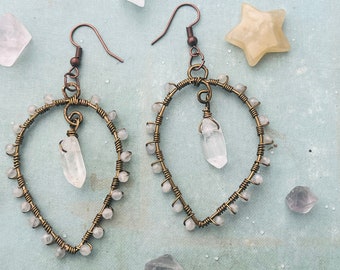 Labradorite and quartz crystal wire wrapped antique copper earrings