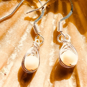 freshwater pearl wire wrapped silver earrings