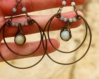 Amazonite wire wrapped double hoop earrings