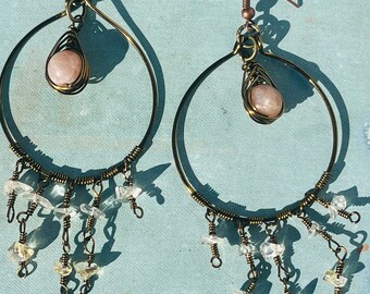 Sunstone and citrine antique copper hoop earringd