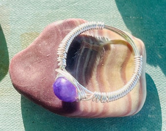 wire wrapped amethyst ring in silver, size 6