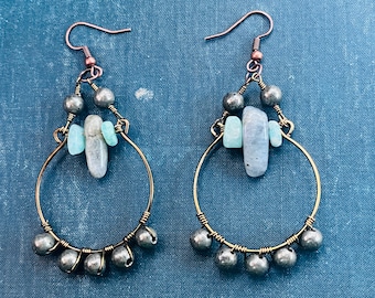 Labradorite, amazonite, and pyrite wire wrapped hoop earrings in antique copper wire