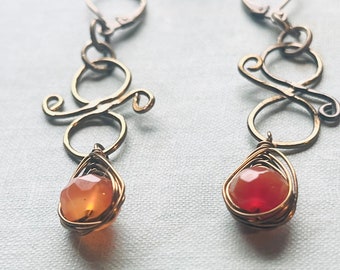 carnelian and antique brass wire earrings