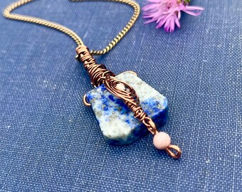 Sodalite and rhodonite copper wire wrapped necklace