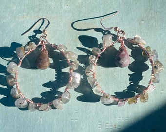 Labradorite and rhodonite wire wrapped rose gold hoop earrings