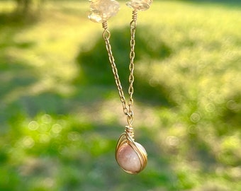 Gold wire wrapped sunstone and citrine necklace