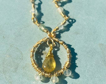 Green garnet and light green prehnite tiny circle necklace wire wrapped in gold