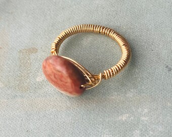 Jasper wire wrapped ring in gold