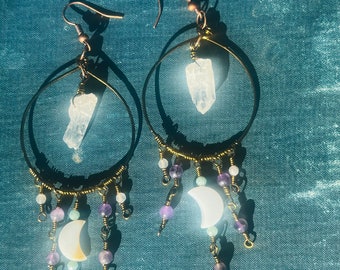 Moons, amethyst, amazonite, and labradorite wire wrapped copper hoop earrings