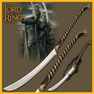 May include: A curved, silver sword with a brown and gold handle. The sword is displayed on a wooden stand with a black background. The image also features a depiction of a warrior from "The Lord of the Rings" movie.