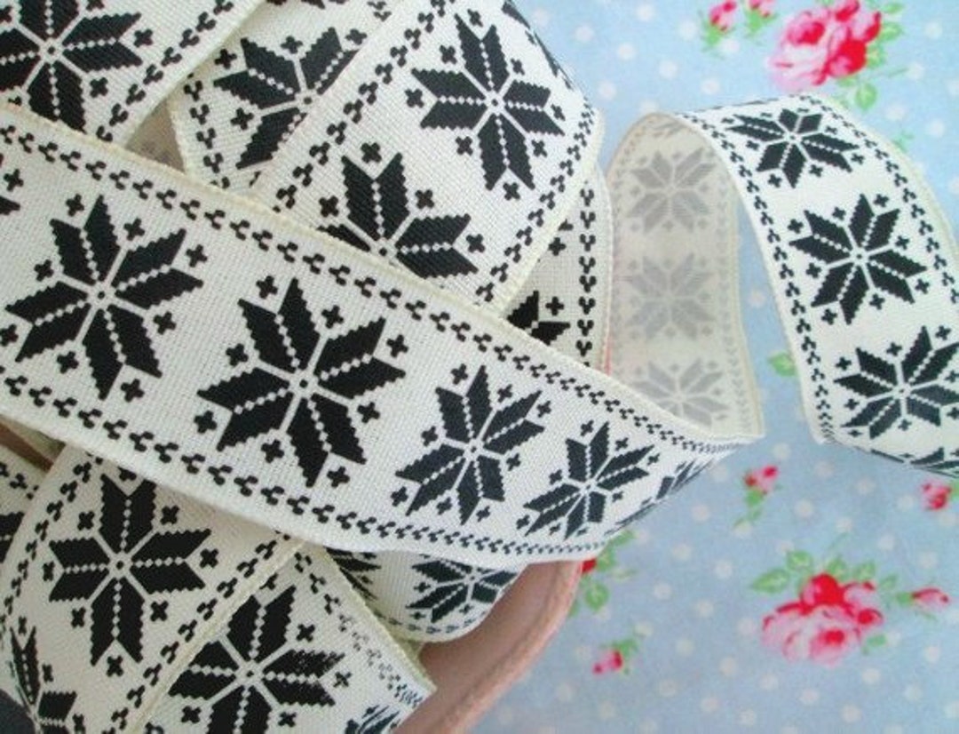 Black and Ivory Scandinavian Nordic Snowflake Wired Christmas Ribbon ...