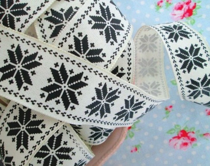 Black and Ivory Scandinavian Nordic Snowflake Wired Christmas Ribbon 1 ...