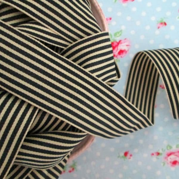 Striped Grosgrain Ribbon - Black and  Ivory - 1 1/2 inch - 1 Yard