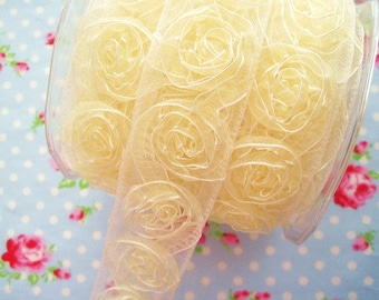 Sheer Woven Rosettes Trim - Buttercream - 1 1/2 inch - 1 Yard