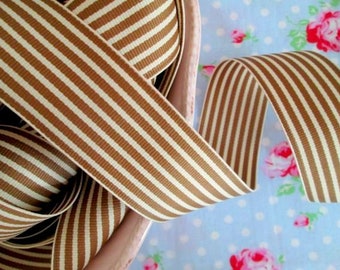Striped Grosgrain Ribbon - Brown and Ivory - 1 1/2 inch - 1 Yard
