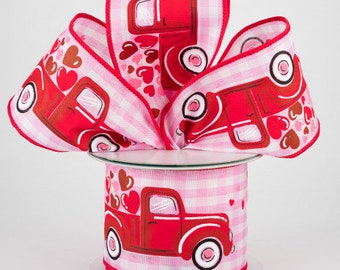 Sold By The Yard ** Listing is for 1 Yard ** 2 1/2" Truck With Hearts Gingham Check Wired Ribbon: Light Pink