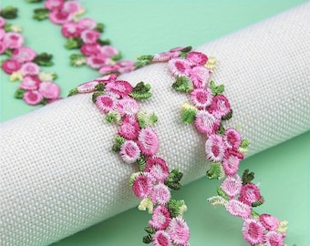 Rose Pink and Green Floral Embroidered Lace Trim - .79 inch - 1 Yard