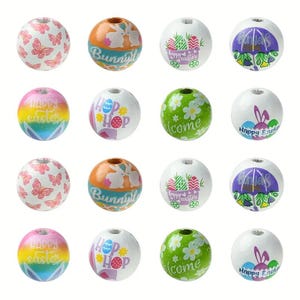 May include: Set of 12 wooden Easter egg-shaped beads with various designs. The beads feature bunnies, butterflies, eggs, flowers, and the words "Happy Easter", "Hop Hop", and "Welcome".